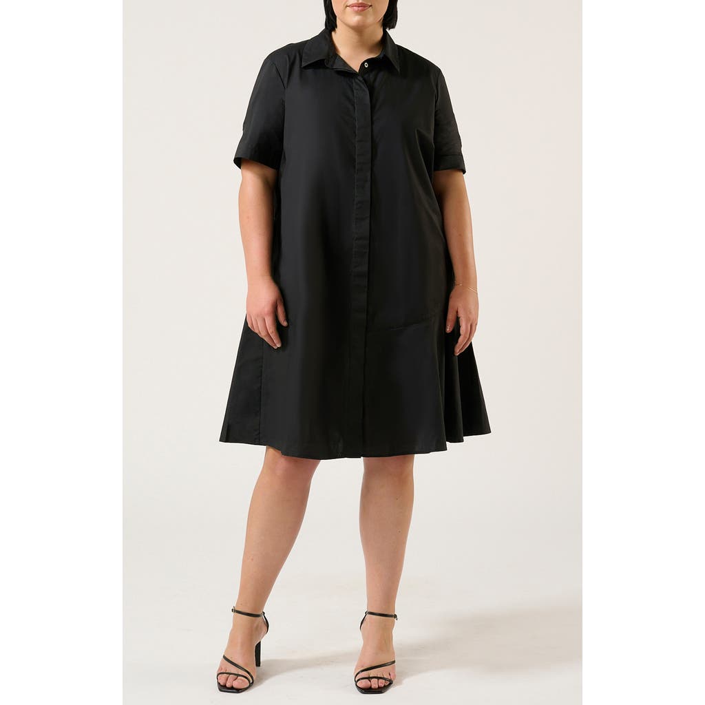 Estelle Obsidian Short Sleeve Polished Cotton Shirtdress In Black