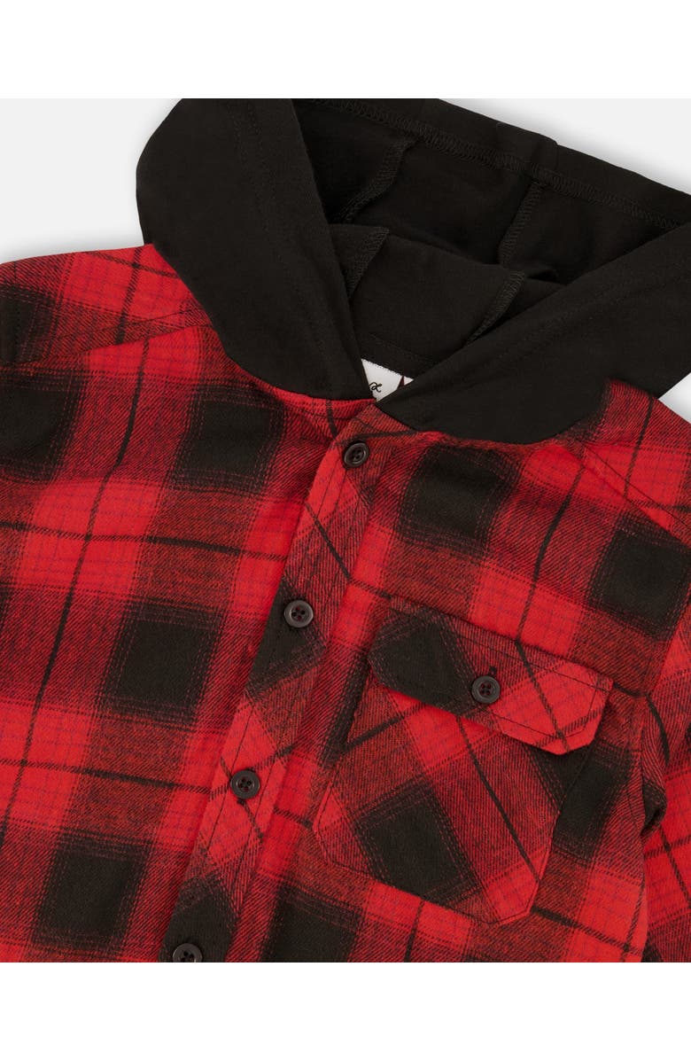 Deux par Deux Plaid Flannel Shirt with Hoodie, Alternate, color, Red And Black Plaid