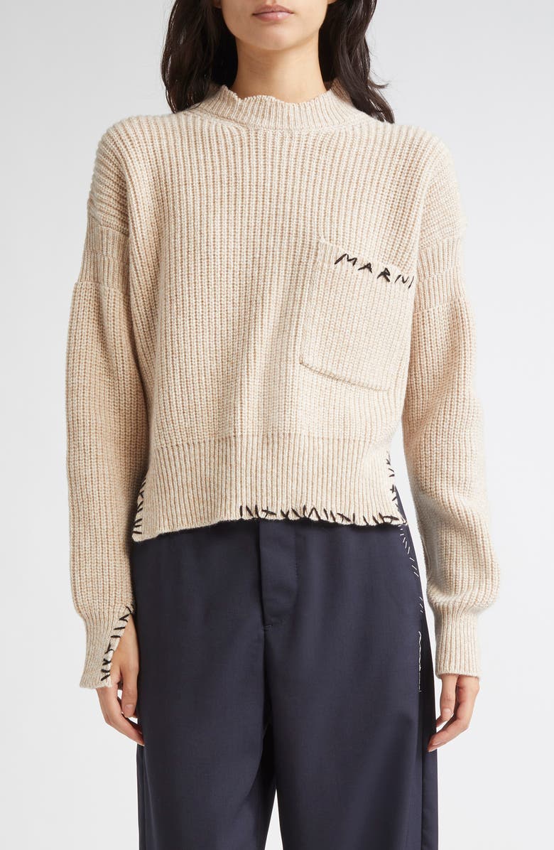 Marni Mending Logo Virgin Wool Mock Neck Sweater, Main, color, 00W23 Seashell