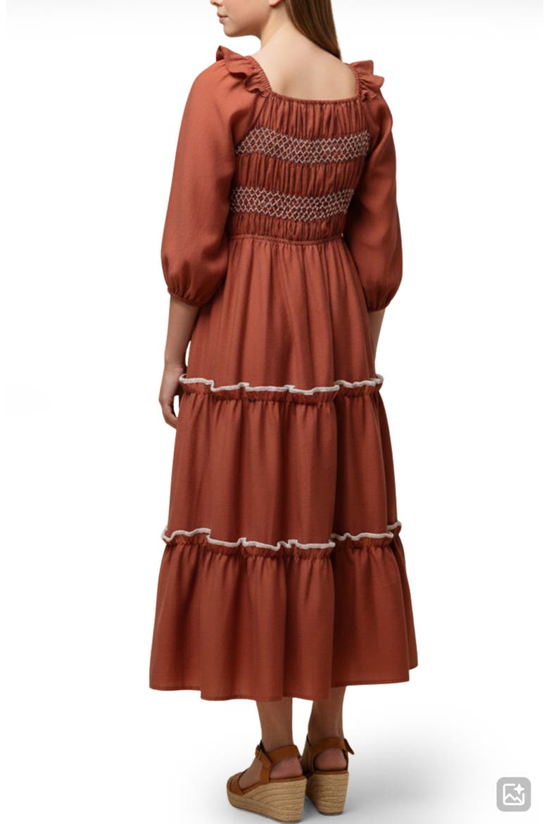 Kids' Smocked Ruffle Trim Midi Dress, Alternate, color, RUST