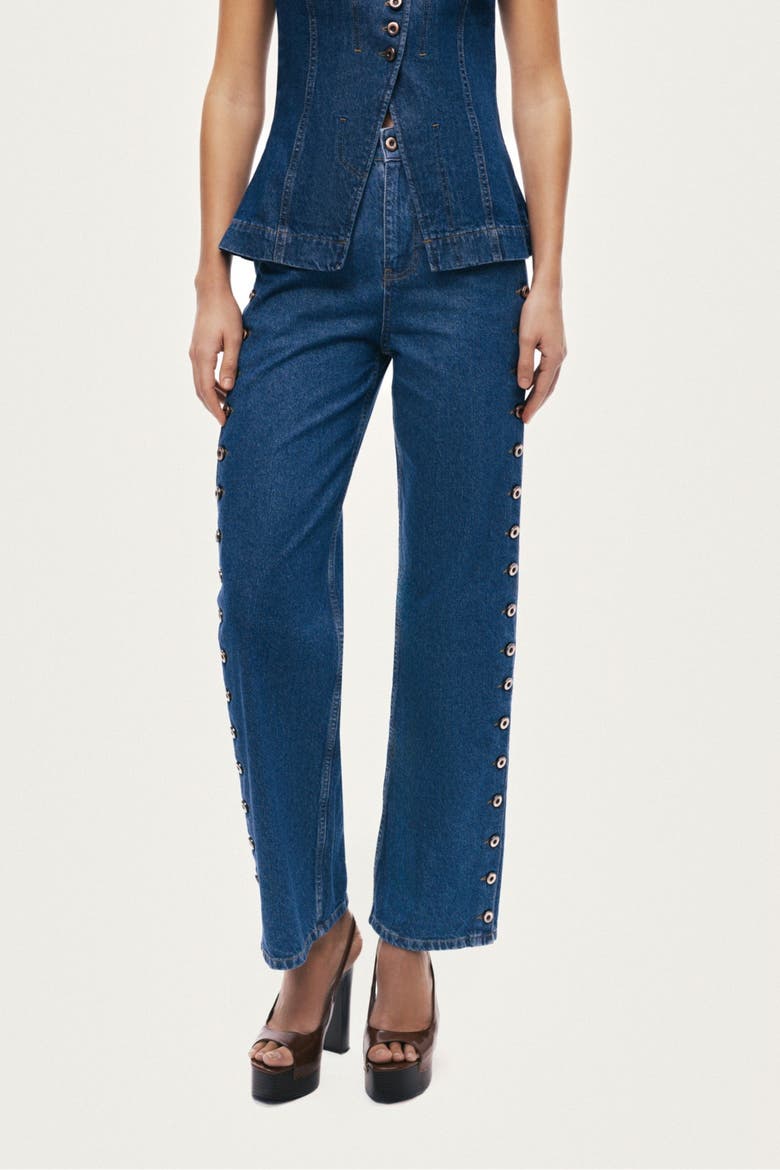 Eyelet Detail Wide-Leg Denim Pants, Main, color, Navy Blue