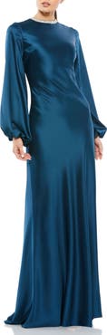 Mac Duggal Beaded High Neck Bishop Sleeve Satin Gown