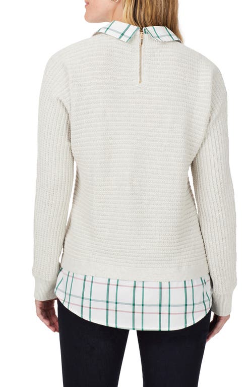 Foxcroft Layered Plaid Trim Cotton Sweater In Ivory Multi