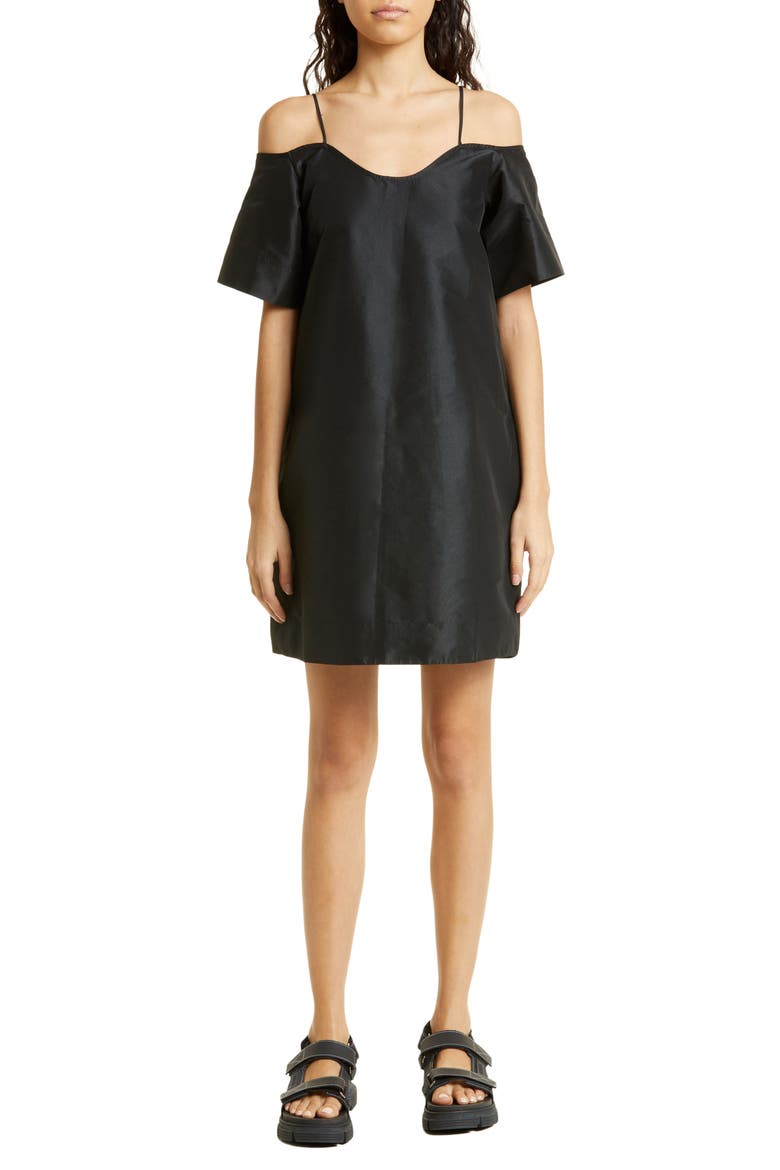 Cold Shoulder Taffeta Trapeze Dress, Main, color, BLACK