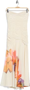 Hutch Bonnie Strapless Ruched Mesh Maxi Dress