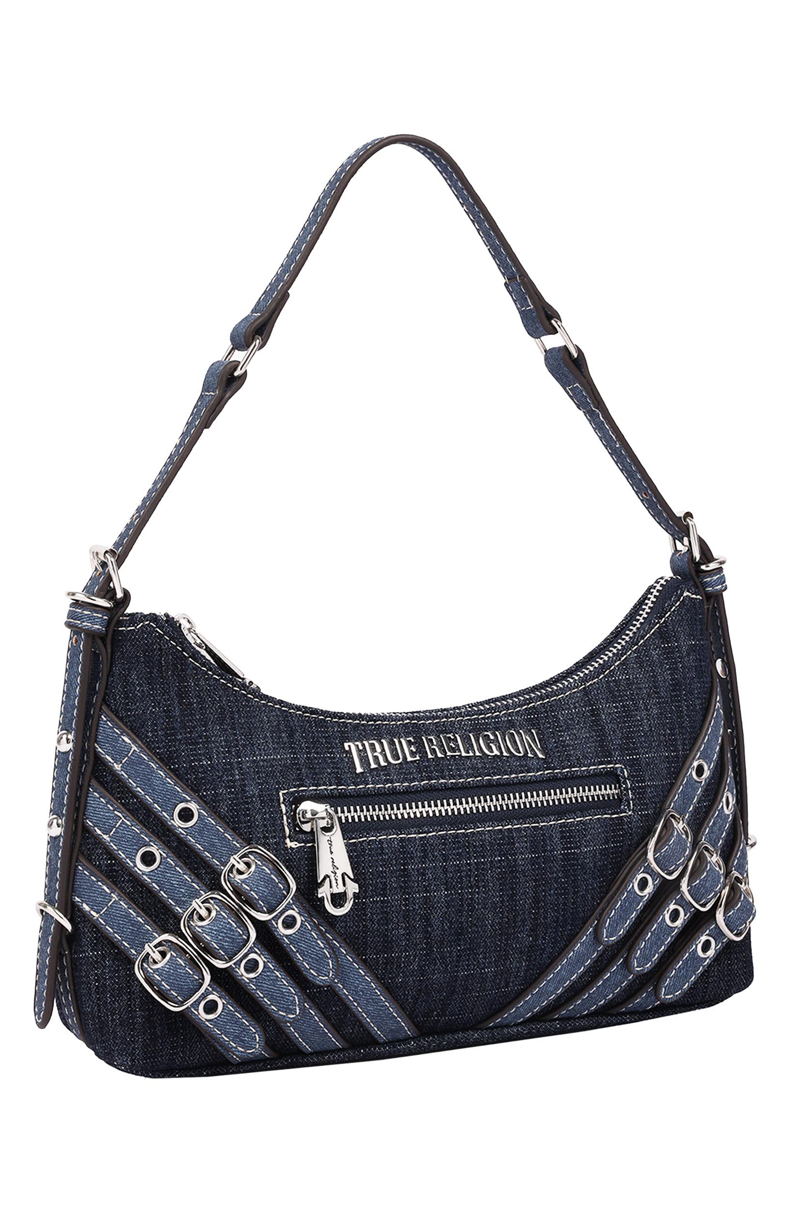 Triple Straps Denim Shoulder Bag, Alternate, color, DARK DENIM