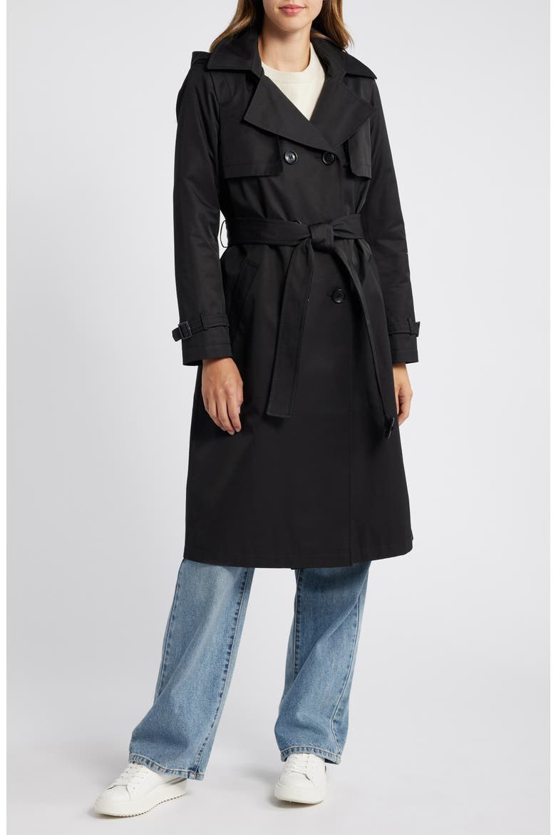 Double Breasted Belted Trench Coat, Main, color, BLACK