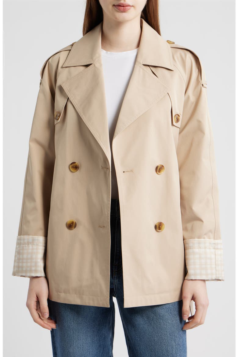 Water Resistant Gingham Cuff Double Breasted Trench Coat, Alternate, color, PUTTY