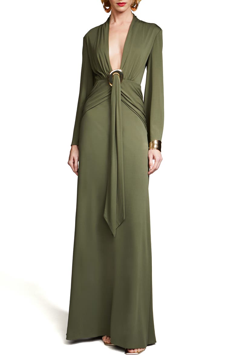 HALSTON Ahano Plunge Neck Long Sleeve Jersey Gown, Main, color,