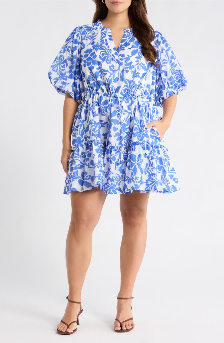 SUGARLIPS Shia Floral Noella Puff Sleeve Cotton Minidress, Main, color, White Blue