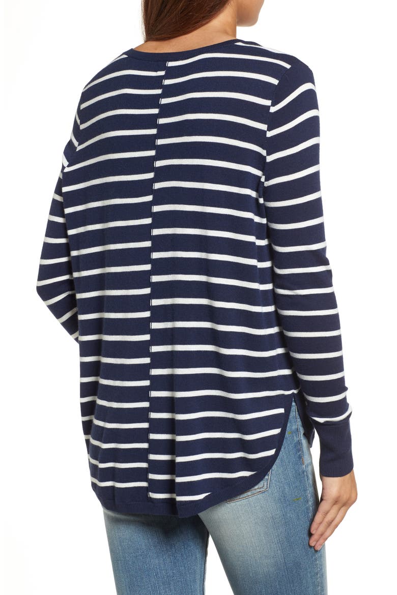 High-Low V-Neck Sweater, Alternate, color, NAVY- IVORY STRIPE