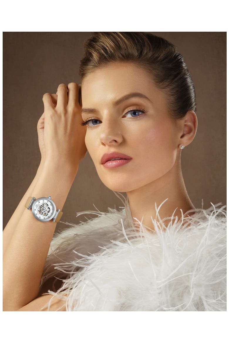 Laura White Topaz Automatic Leather Strap Watch, 36mm, Alternate, color, BEIGE SILVER