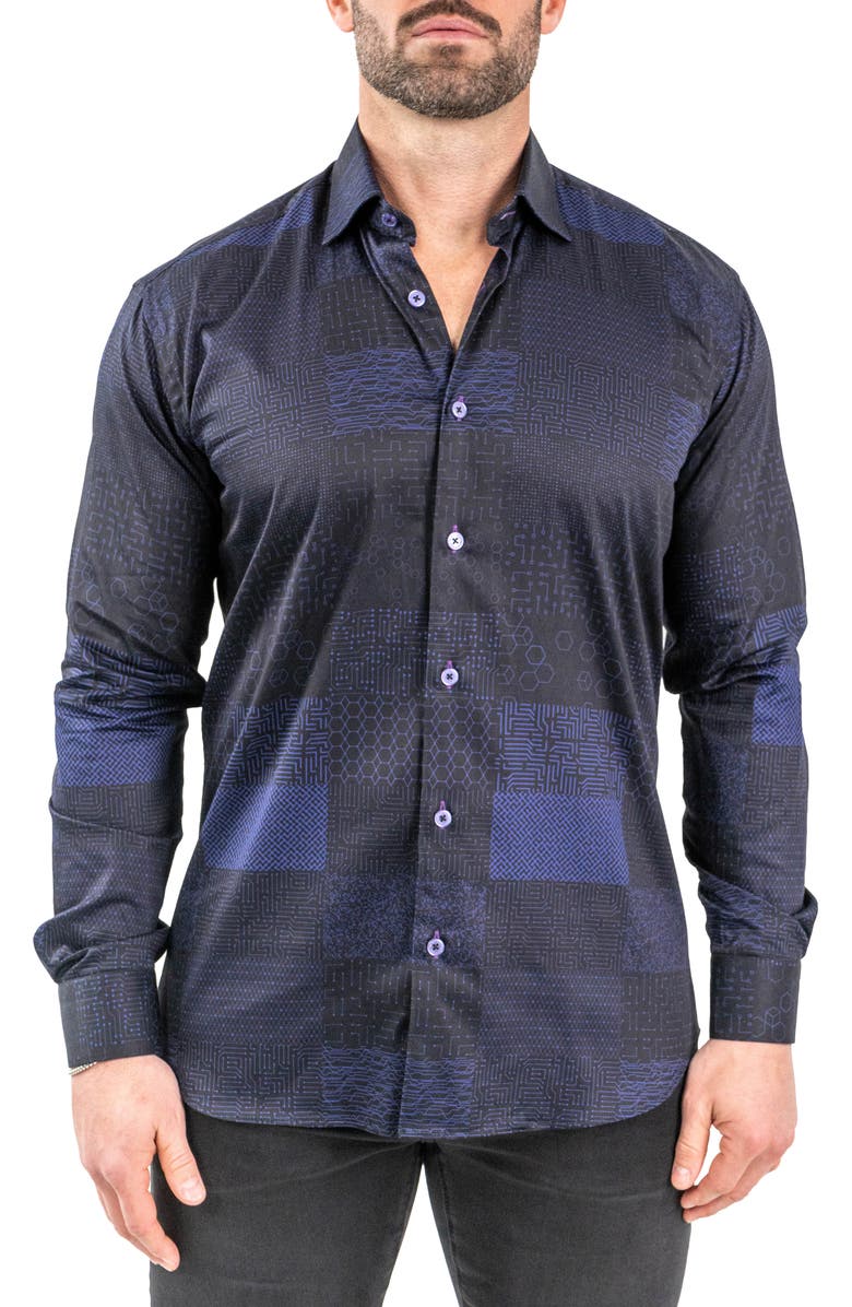 Maceoo Fibonacci Metaversee Black Contemporary Fit Button-Up Shirt, Main, color, 