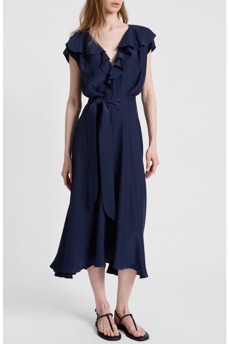 Mandy Ruffled Faux Wrap Silk Midi Dress, Alternate, color, MIDNIGHT