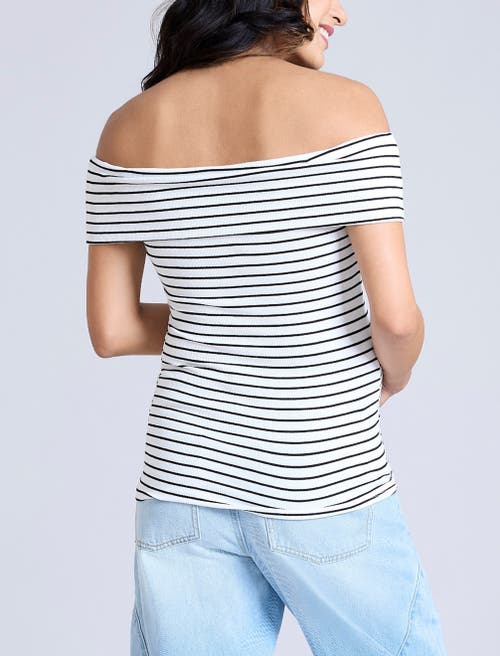 Motherhood Maternity Rib Knit Short Sleeve Off The Shoulder Top In White & Black Stripe