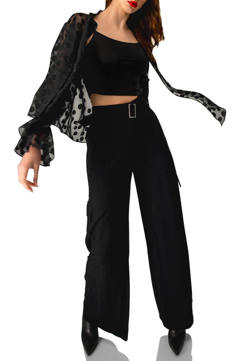 Polka Dot See Though Blouse with Tie Neck, Alternate, color, Black