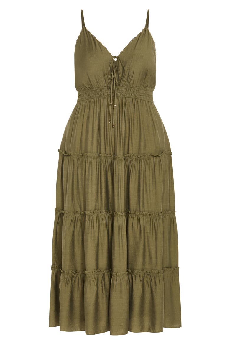 Aiza Tiered Tie Front Sleeveless Maxi Dress, Alternate, color, KHAKI