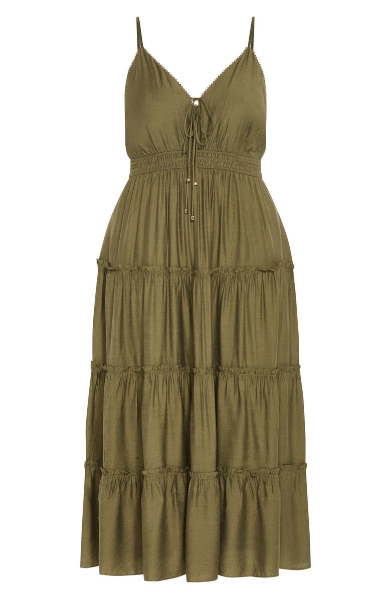 City Chic Aiza Tiered Tie Front Sleeveless Maxi Dress, Alternate, color, Khaki