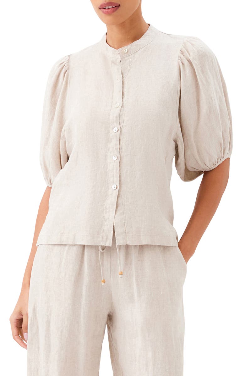 Karen Kane Puff Sleeve Linen Button-Up Top, Main, color, Oatmeal
