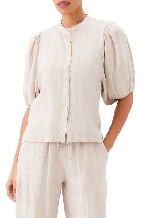 Puff Sleeve Linen Button-Up Top