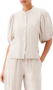 Karen Kane Puff Sleeve Linen Button-Up Top