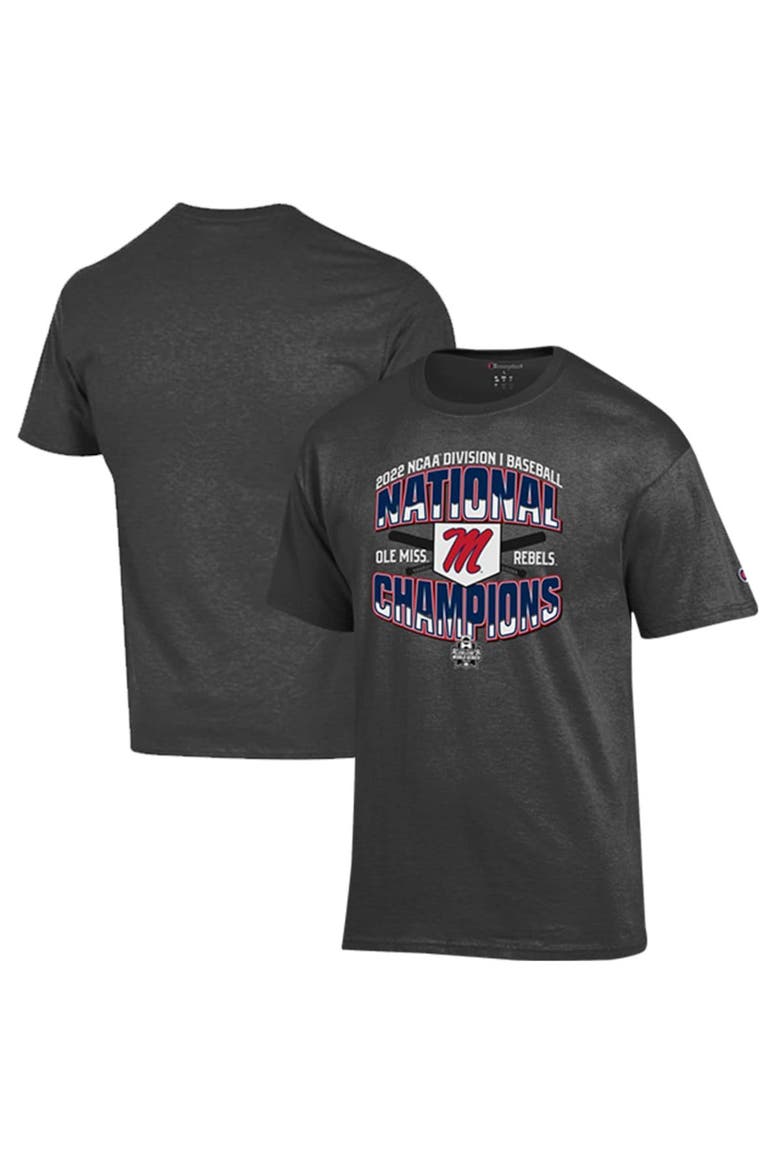 Men's Champion Heathered Charcoal Ole Miss Rebels 2022 NCAA Men's Baseball College World Series Champions Locker Room T-Shirt, Main, color, Heather Charcoal
