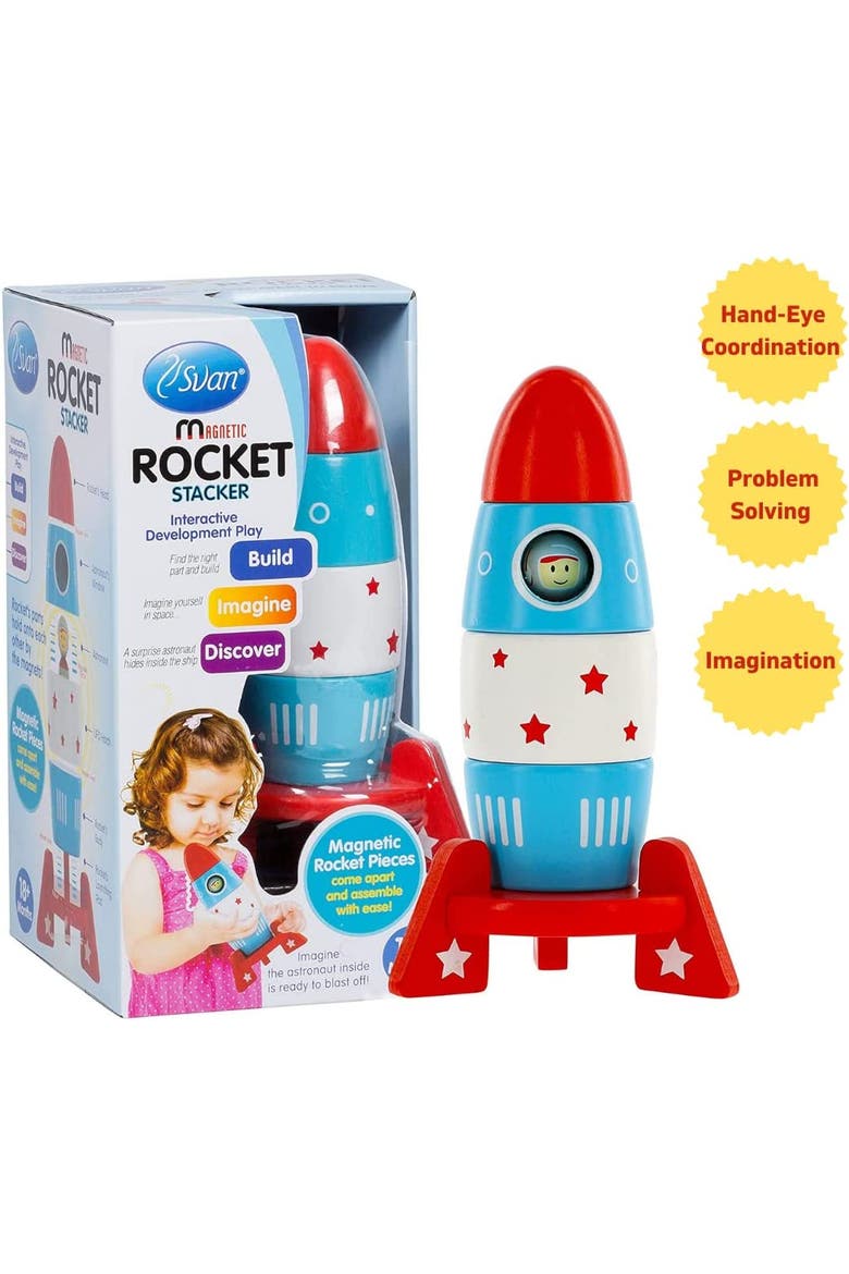 Wooden Stacker Toy Space Rocket- 6 Magnetic Stacking Pieces- Magnet Building Set, Alternate, color, None