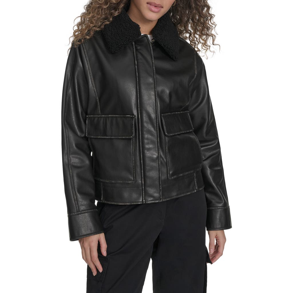 Levi's Faux Leather Aviator Jacket With High Pile Fleece Collar In Black