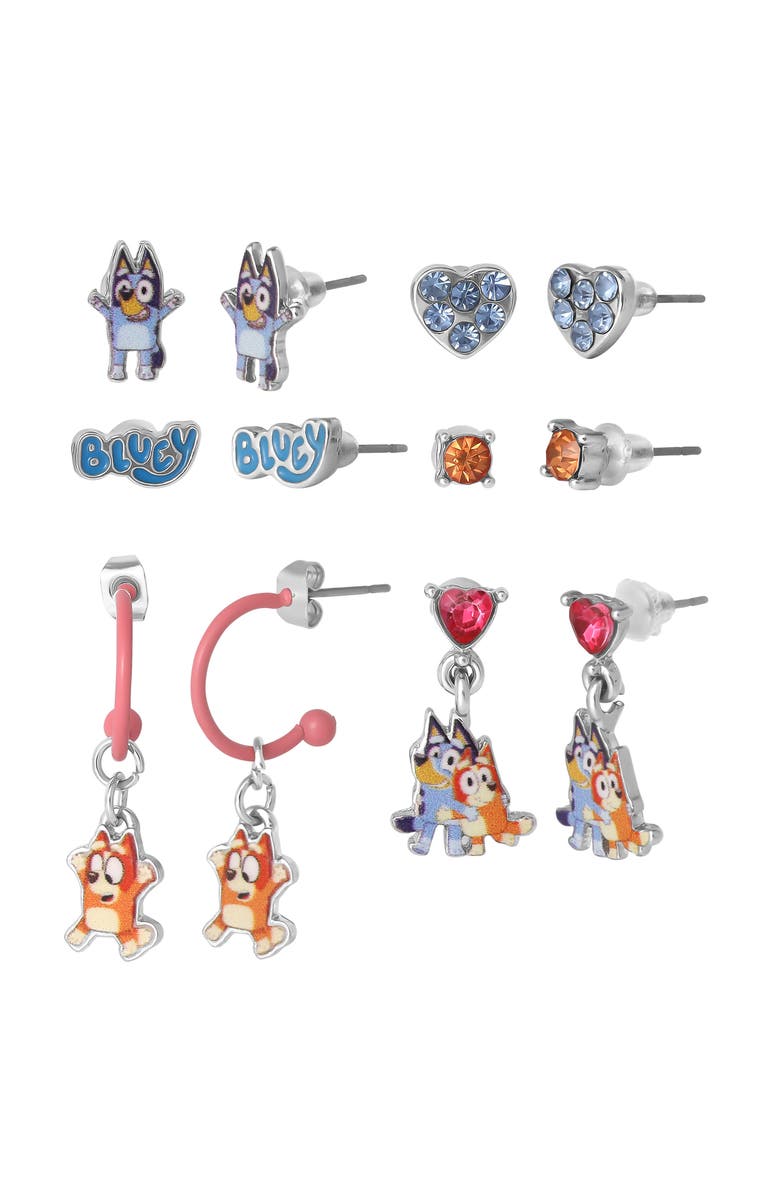 BLUEY Earrings Set 6 Pairs Official License, Fashion Studs, Hoops, and Bluey and Bingo Dangle Charm Earrings with Crystals, Main, color, Multicolored