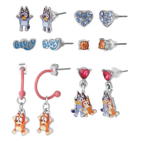 Earrings Set 6 Pairs Official License, Fashion Studs, Hoops, and Bluey and Bingo Dangle Charm Earrings with Crystals