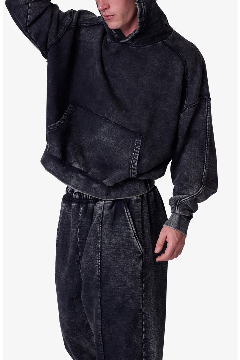 Frayed Seam Acid Wash Cotton Fleece Hoodie, Alternate, color, BLACK
