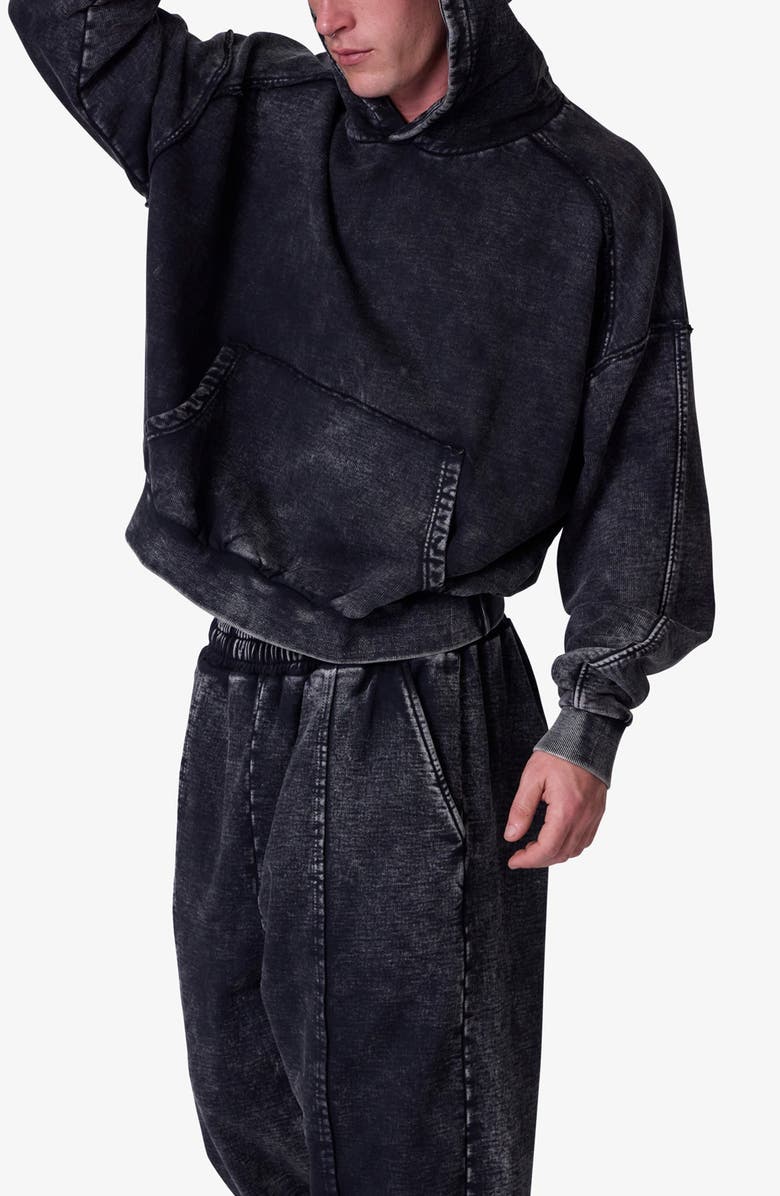 mnml Frayed Seam Acid Wash Cotton Fleece Hoodie, Alternate, color, Black