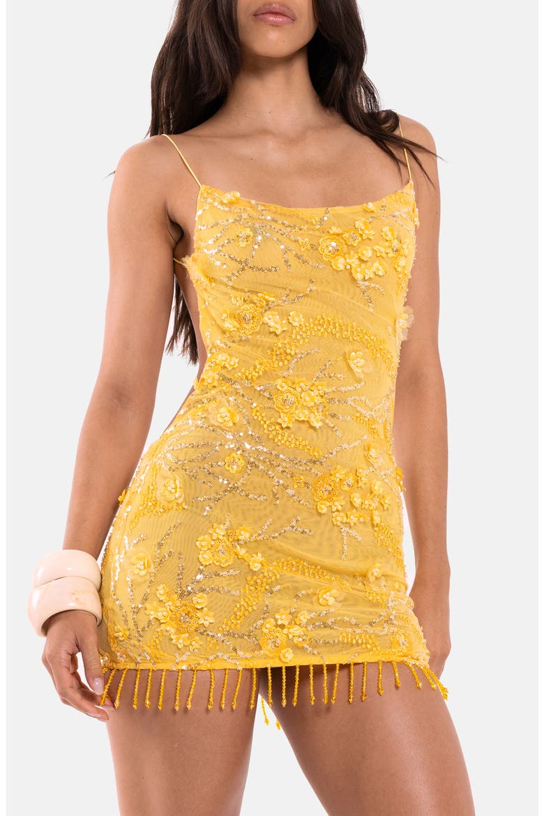 Beaded Mesh Mirage Minidress, Main, color, YELLOW