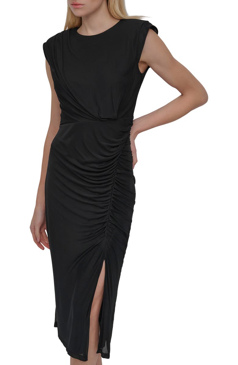 DKNY Mesh Ruched Sheath Dress, Alternate, color, Black