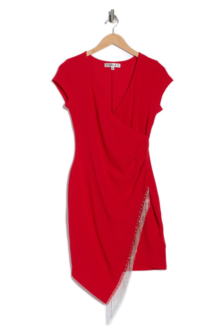 Cap Sleeve Rhinestone Trim Faux Wrap Dress, Alternate, color, RED