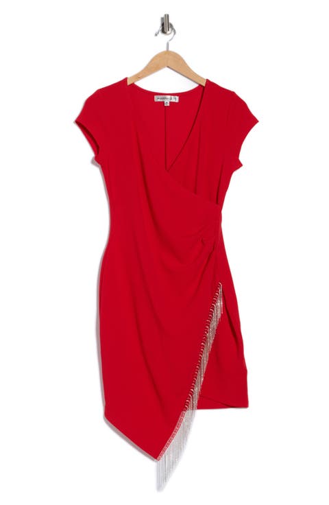 Cap Sleeve Rhinestone Trim Faux Wrap Dress