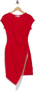 Madden Girl Cap Sleeve Rhinestone Trim Faux Wrap Dress