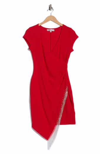 Madden Girl Cap Sleeve Rhinestone Trim Faux Wrap Dress