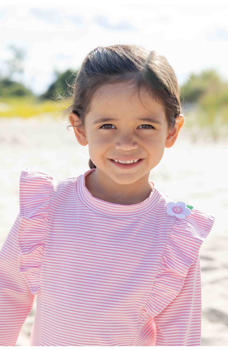 Florence Eiseman Stripe Seersucker Rashguard Swimsuit with Flower, Alternate, color, Pink/White
