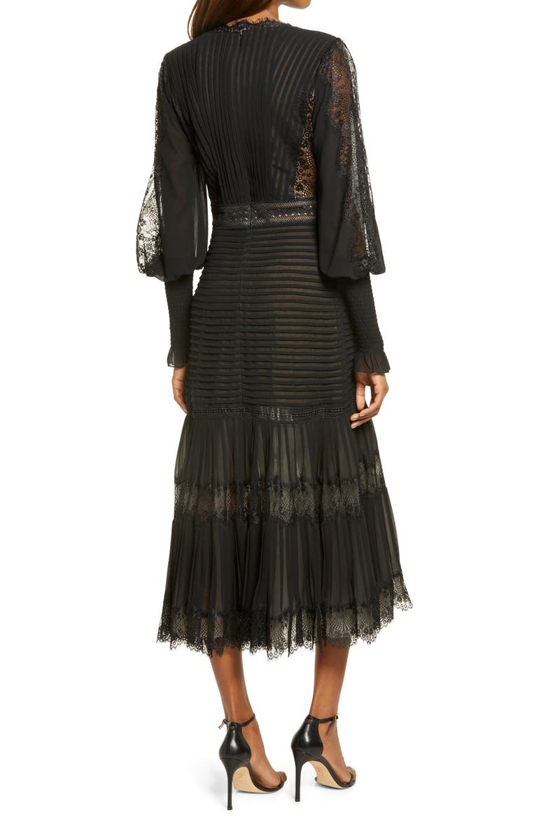 Lace Pintuck Long Sleeve Cocktail Dress, Alternate, color, BLACK/ NUDE