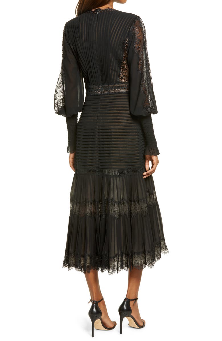 Tadashi Shoji Lace Pintuck Long Sleeve Cocktail Dress, Alternate, color, Black/ Nude
