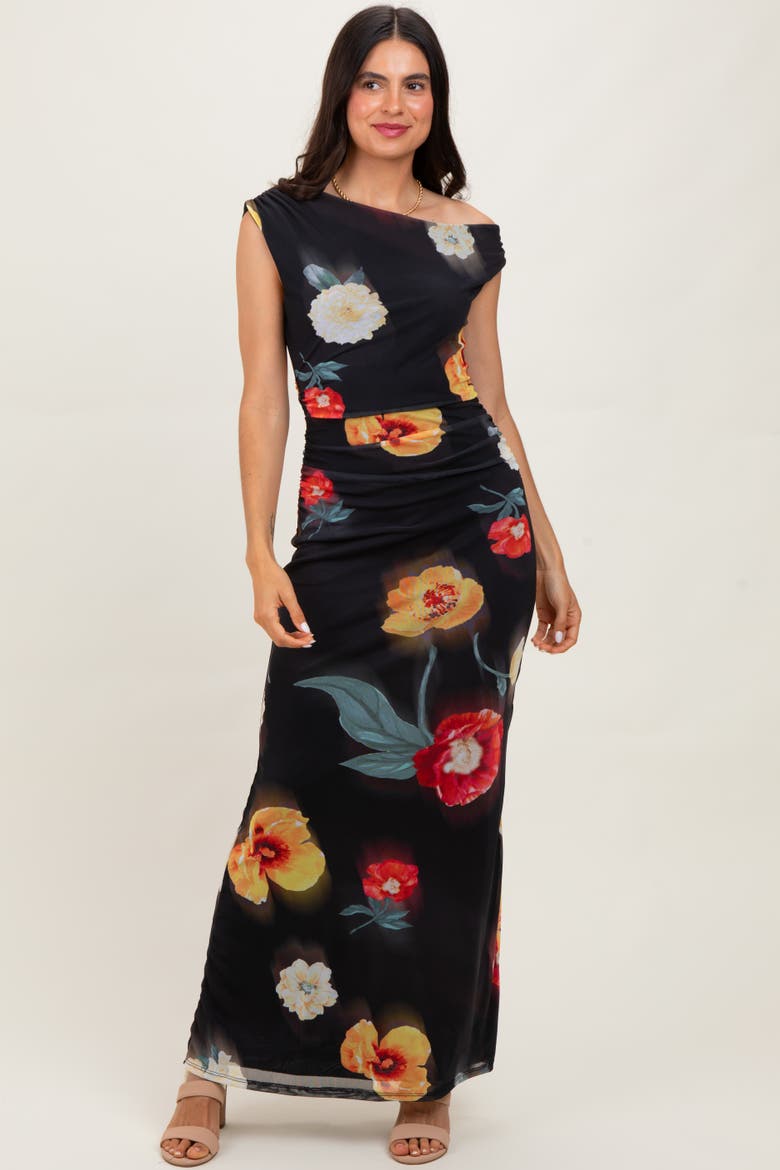 Mesh Floral One Shoulder Maxi Dress, Main, color, Black