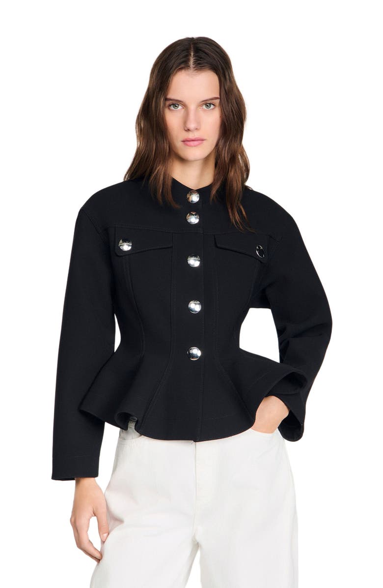 SANDRO Cropped ruffled peplum jacket, Alternate, color, Black
