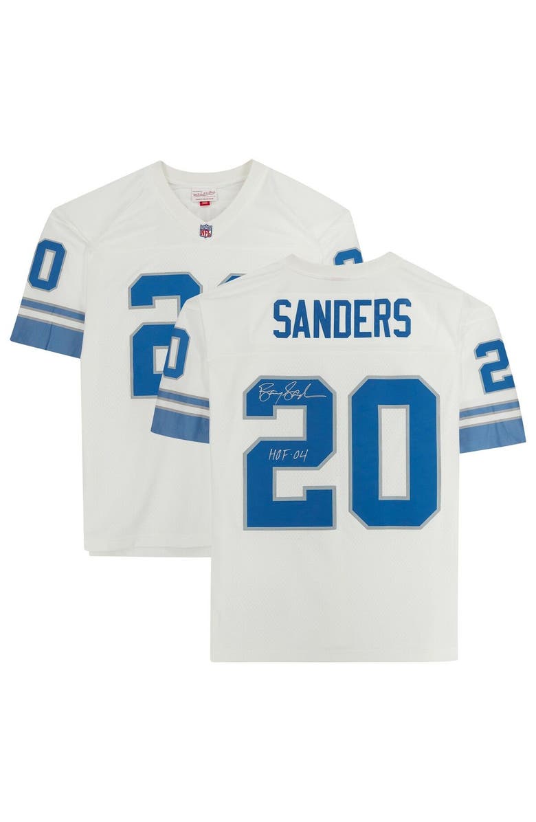 FANATICS AUTHENTIC Barry Sanders Detroit Lions Autographed White Mitchell & Ness Replica Jersey with "HOF 04" Inscription, Main, color, 
