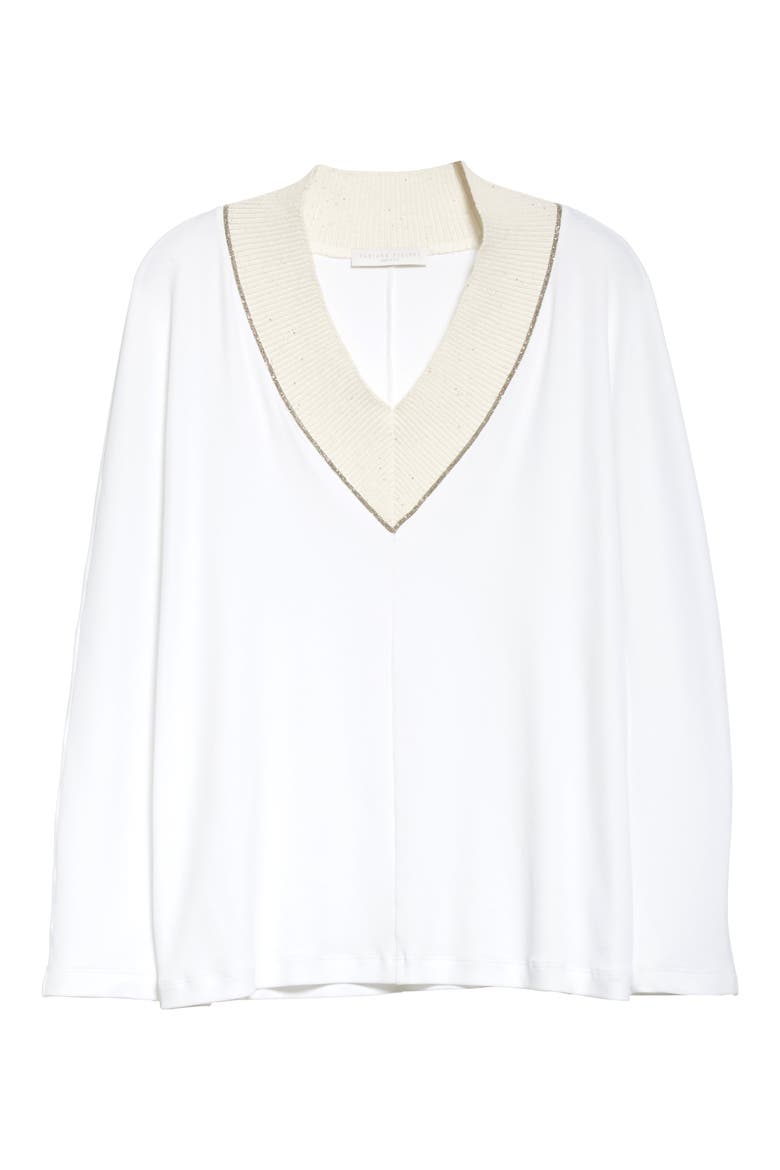 Bead Trim V-Neck Cotton Blend Sweater, Alternate, color, WHITE