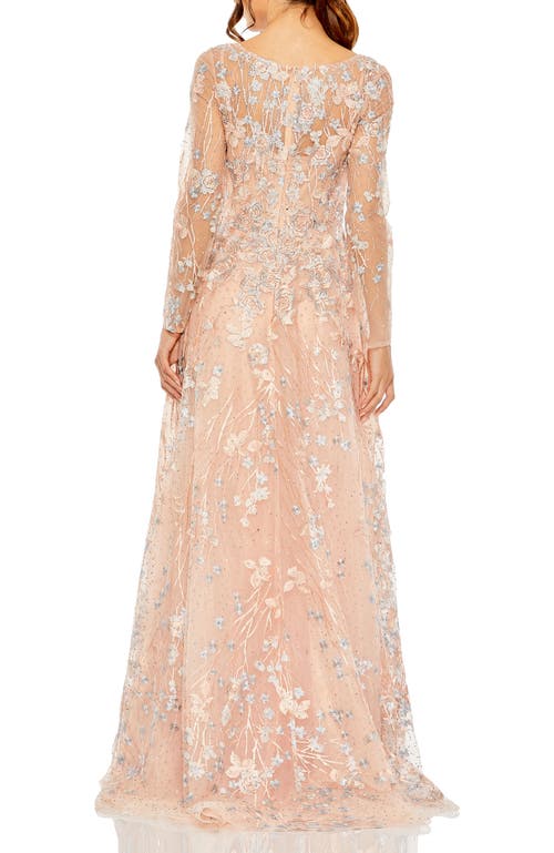 Mac Duggal Embellished Wrap Over Illusion Long Sleeve A Line Gown In Peach