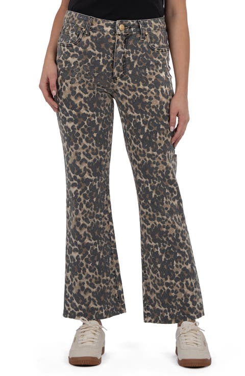 Kelsey Leopard Print Raw Hem Mid Rise Ankle Flare Jeans