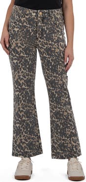 KUT from the Kloth Kelsey Leopard Print Raw Hem Mid Rise Ankle Flare Jeans