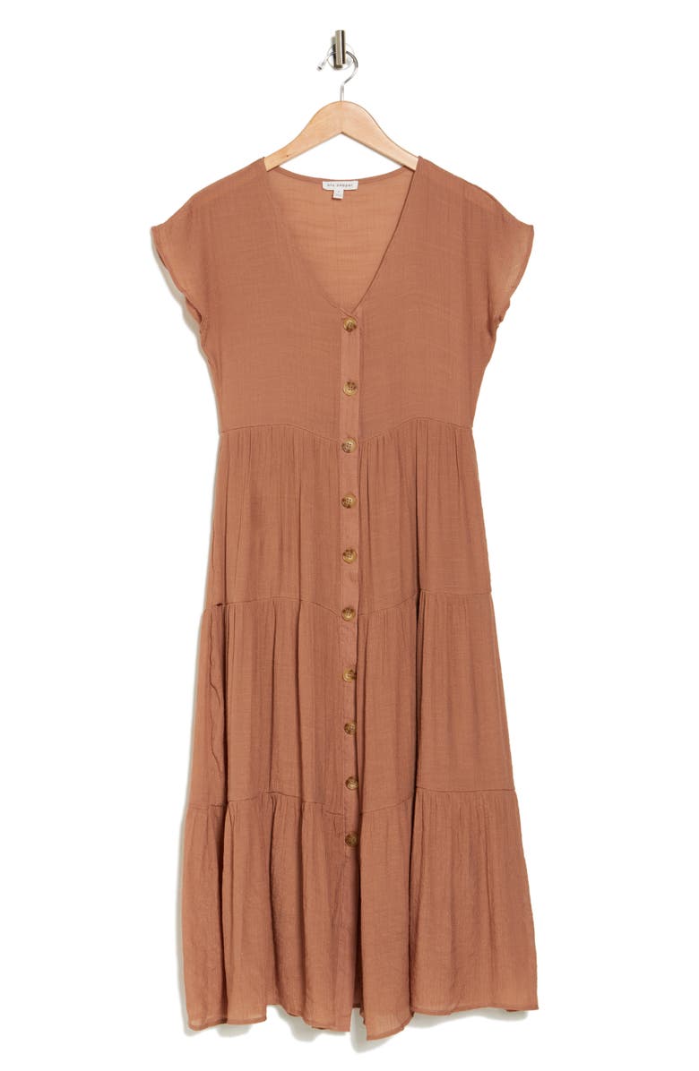 Blu Pepper Short Sleeve Faux Button Midi Dress, Alternate, color, Mocha