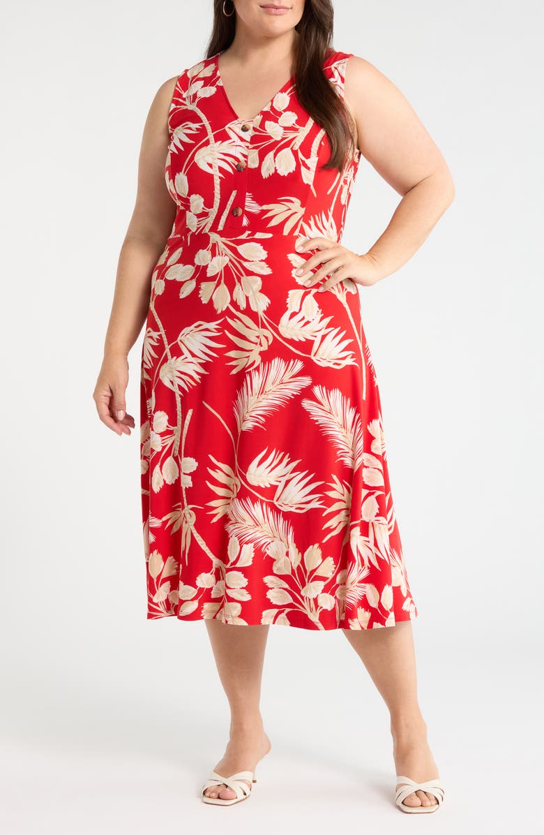 AK ANNE KLEIN Tropical Floral Print Sleeveless Midi Dress, Main, color, Begonia Red Mlt